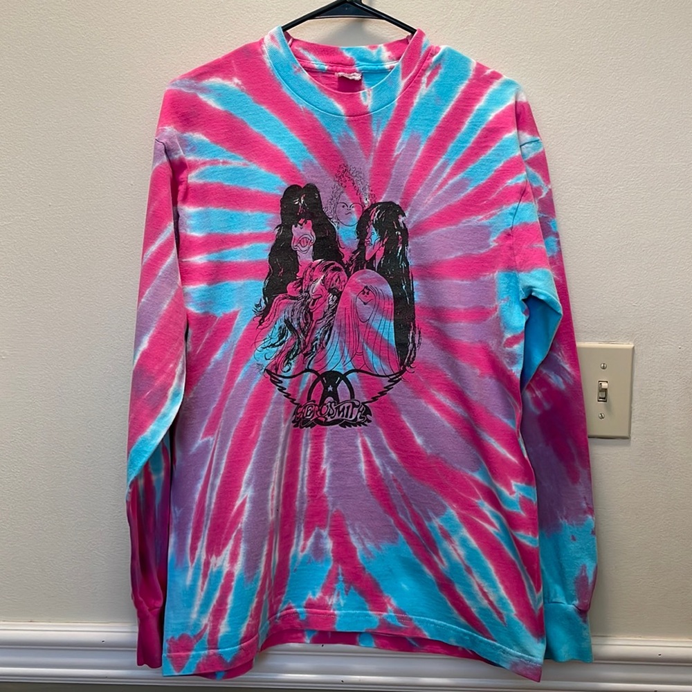 Vintage Aerosmith band tee pink & blue Tie dye long sleeve T shirt size Large
